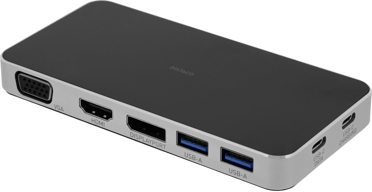 DELTACO USBC-HUB107 USB-C Docking Station Hub - VGA | HDMI | DisplayPort | 2x USB-A | 3x USB-C